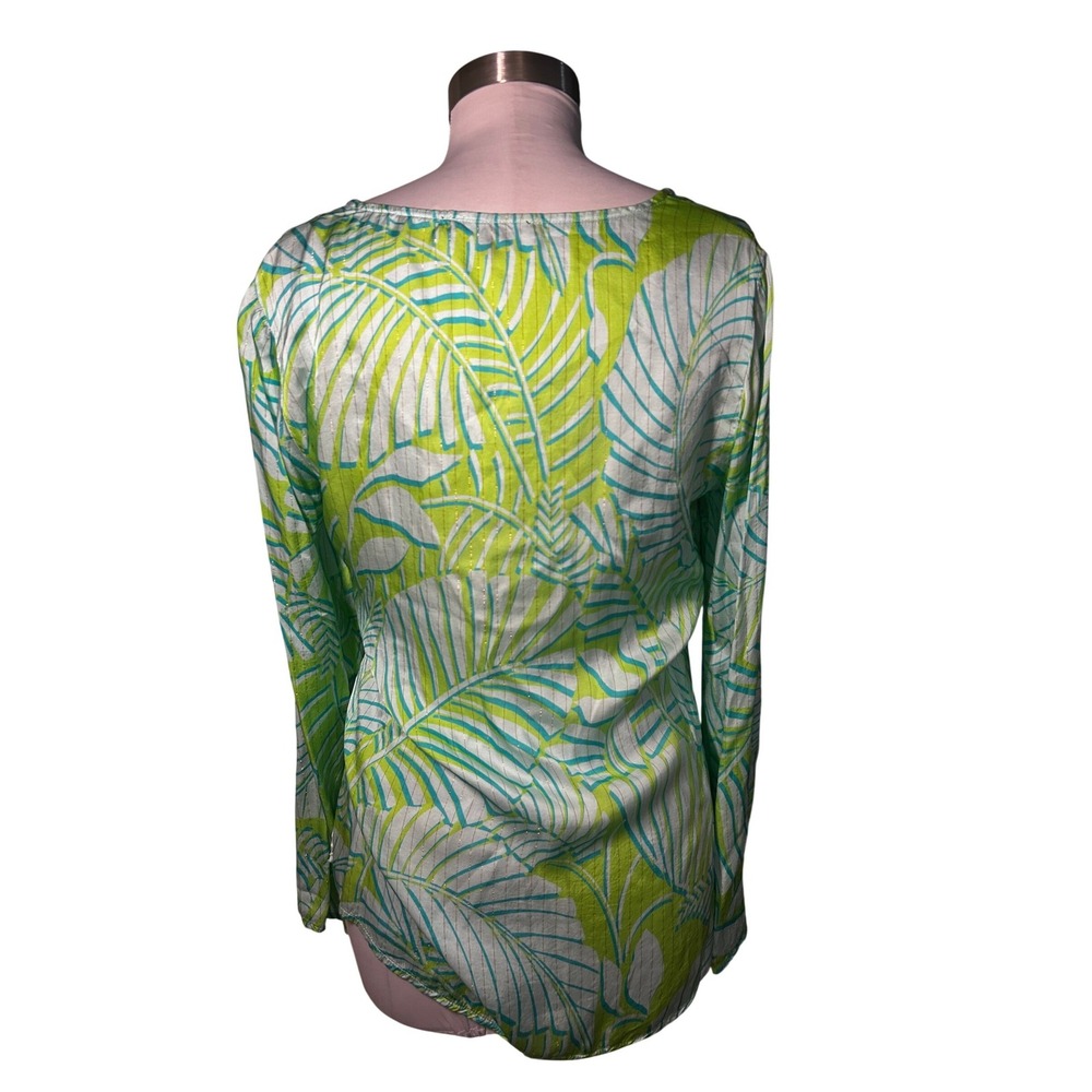 Boston Proper Tropical Palm Leaf Metallic Stripe V-Neck Blouse Green Blue M - Picture 2 of 8